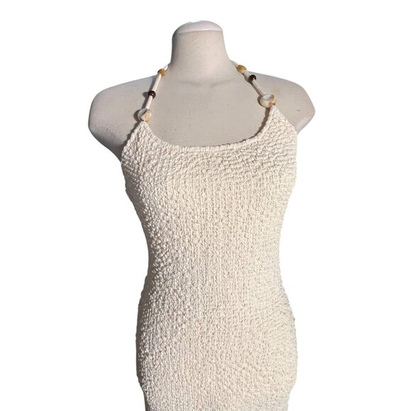Lulus Meike Cream Textured Knit Beaded Halter Midi Dress Sz Large Womens Cream - Picture 6 of 16